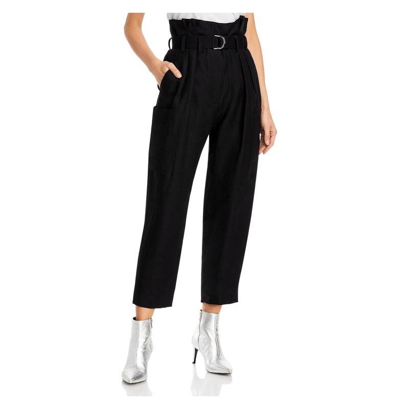 Iro.Jeans Womens Black Zippered Belted Paperbag Waist Textured Cropped Pants 42